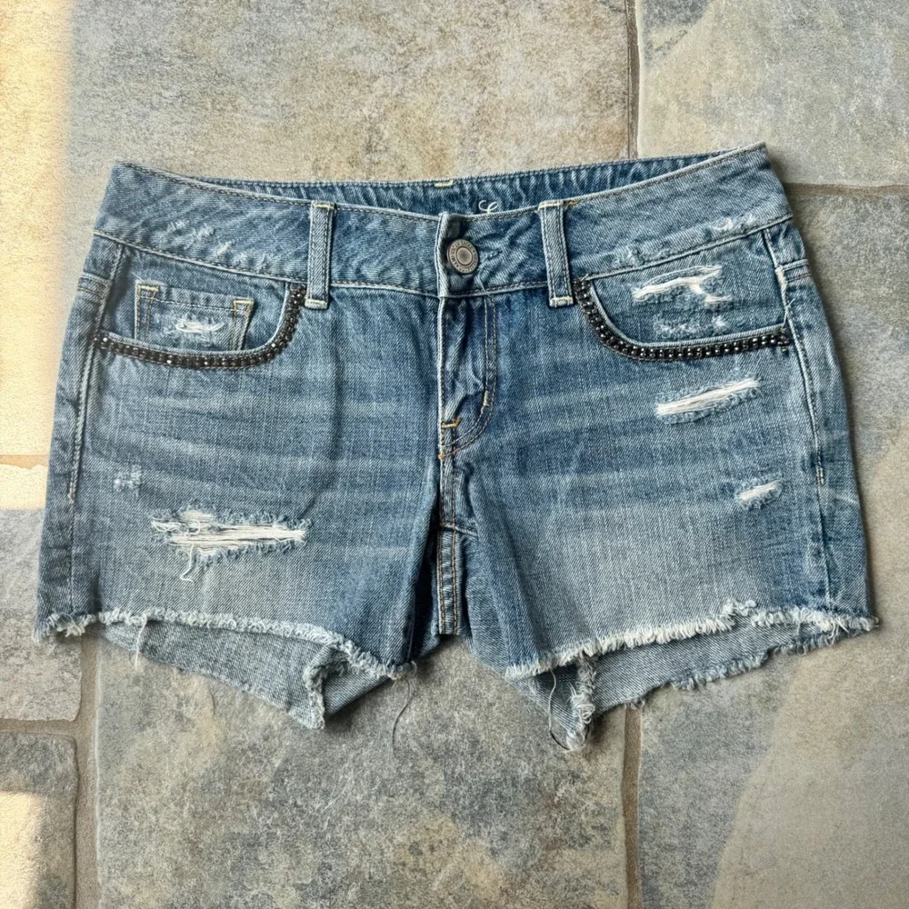 American Eagle Y2K Rhinestone Cut-Off Jean Distressed Bling Shorts‎ Women's 0